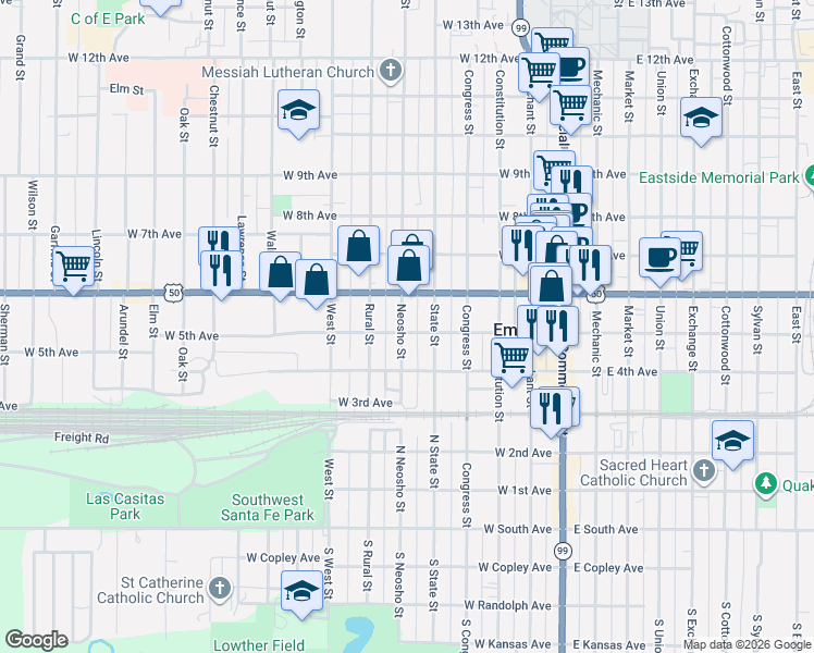 map of restaurants, bars, coffee shops, grocery stores, and more near 423 West 6th Avenue in Emporia