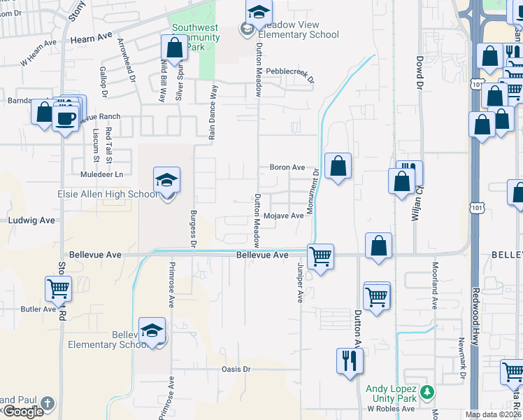 map of restaurants, bars, coffee shops, grocery stores, and more near 3353 Canyonlands Avenue in Santa Rosa