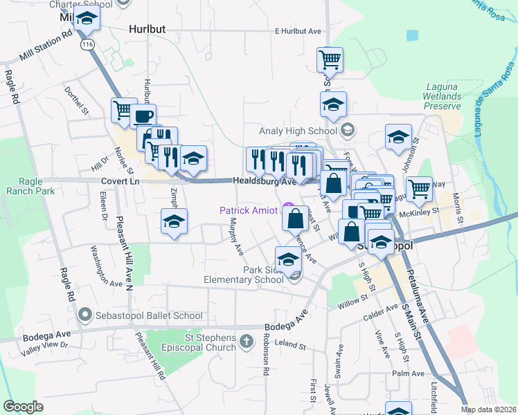 map of restaurants, bars, coffee shops, grocery stores, and more near 7600 Bately Court in Sebastopol