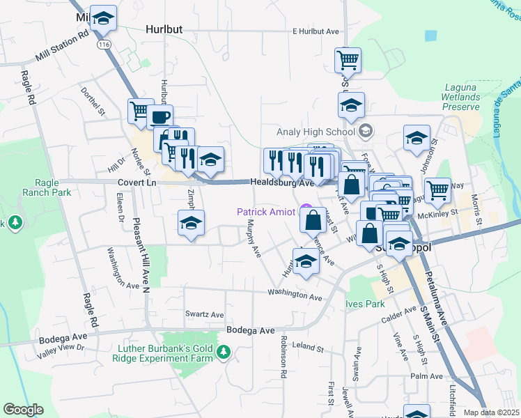 map of restaurants, bars, coffee shops, grocery stores, and more near 7600 Bately Court in Sebastopol