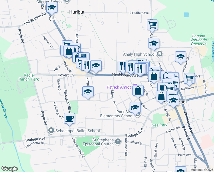 map of restaurants, bars, coffee shops, grocery stores, and more near 440 Murphy Avenue in Sebastopol