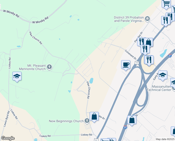 map of restaurants, bars, coffee shops, grocery stores, and more near 723 Pike Church Road in Harrisonburg