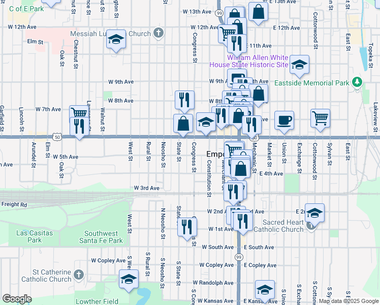 map of restaurants, bars, coffee shops, grocery stores, and more near 519 Congress Street in Emporia