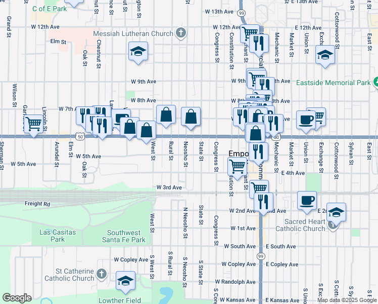 map of restaurants, bars, coffee shops, grocery stores, and more near 423 West 6th Avenue in Emporia