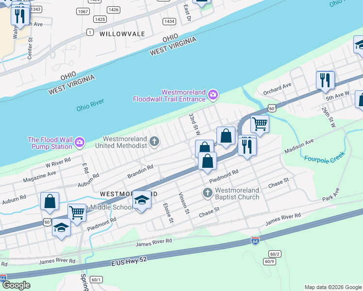 map of restaurants, bars, coffee shops, grocery stores, and more near 270 Court Street West in Huntington