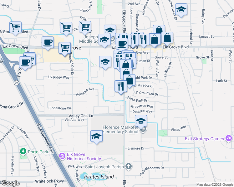 map of restaurants, bars, coffee shops, grocery stores, and more near 8873 Mohamed Circle in Elk Grove