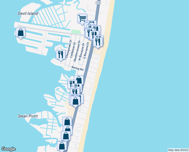 map of restaurants, bars, coffee shops, grocery stores, and more near 8601 Atlantic Avenue in Ocean City
