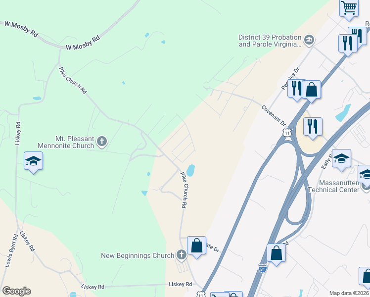 map of restaurants, bars, coffee shops, grocery stores, and more near 723 Pike Church Road in Harrisonburg