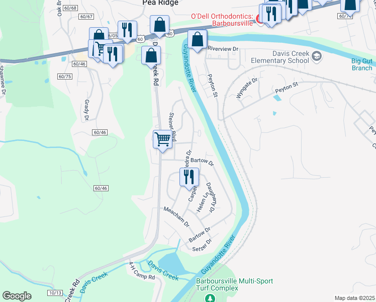 map of restaurants, bars, coffee shops, grocery stores, and more near 106 Nedra Drive in Barboursville
