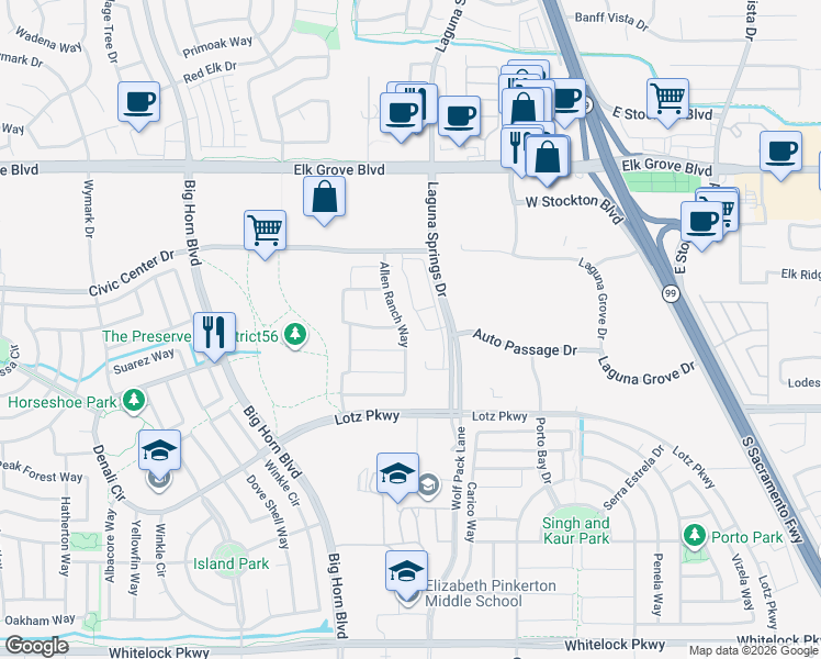 map of restaurants, bars, coffee shops, grocery stores, and more near 9721 Allen Ranch Way in Elk Grove