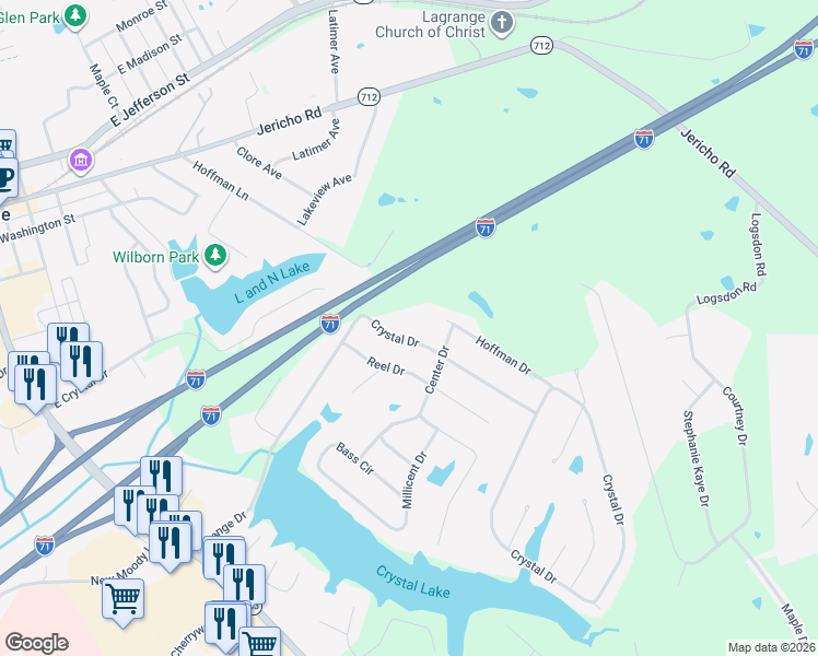 map of restaurants, bars, coffee shops, grocery stores, and more near 1712 Hoffman Drive in La Grange