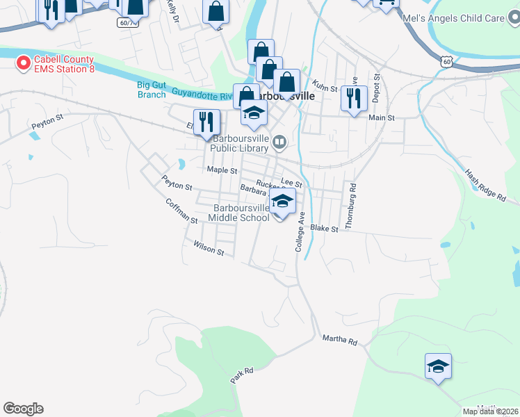map of restaurants, bars, coffee shops, grocery stores, and more near 1316 Central Avenue in Barboursville