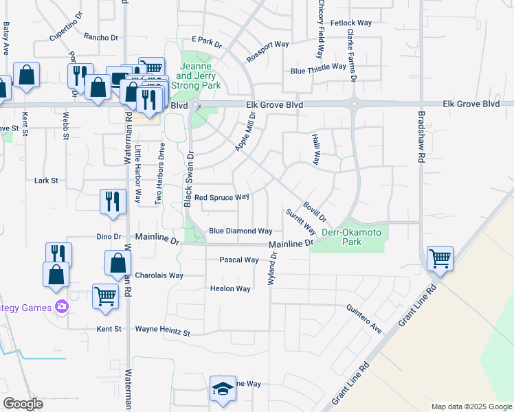 map of restaurants, bars, coffee shops, grocery stores, and more near 9464 Red Spruce Way in Elk Grove