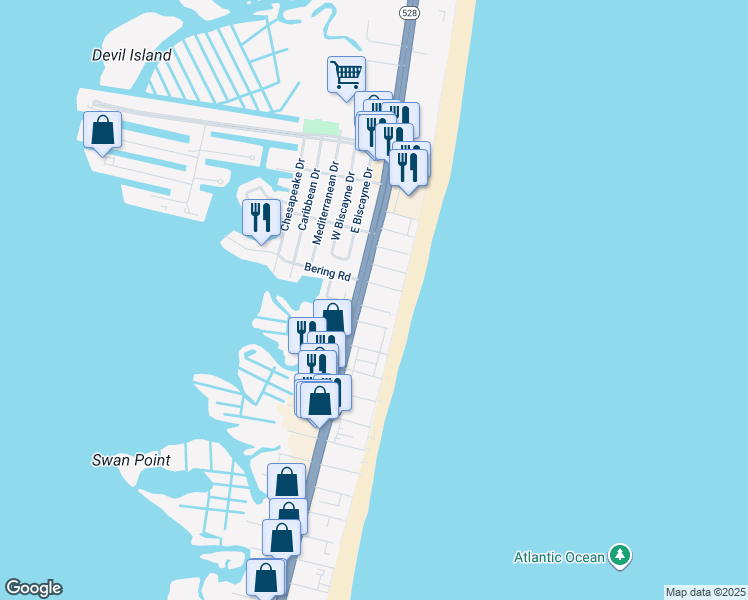 map of restaurants, bars, coffee shops, grocery stores, and more near 8606 Coastal Highway in Ocean City