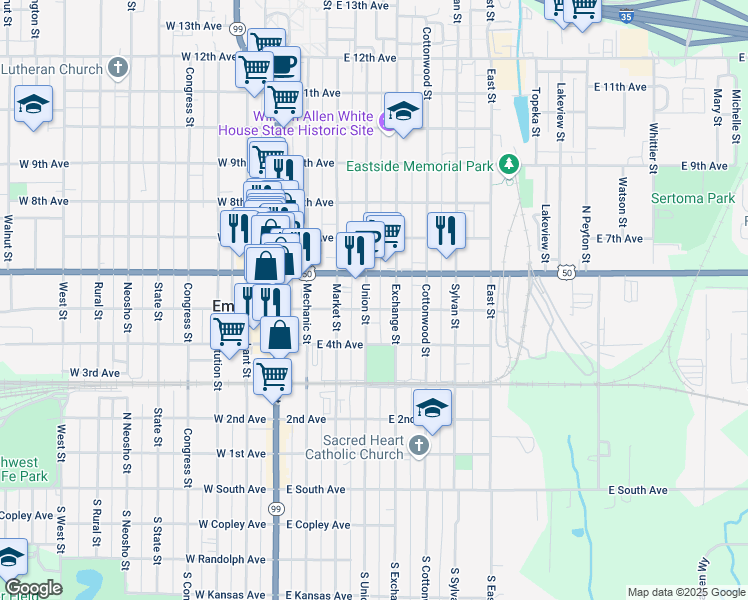 map of restaurants, bars, coffee shops, grocery stores, and more near 517 Exchange Street in Emporia