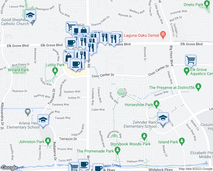map of restaurants, bars, coffee shops, grocery stores, and more near 9731 Collie Way in Elk Grove