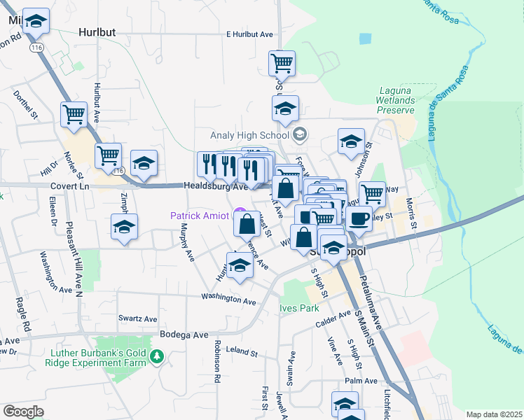 map of restaurants, bars, coffee shops, grocery stores, and more near 421 West Street in Sebastopol