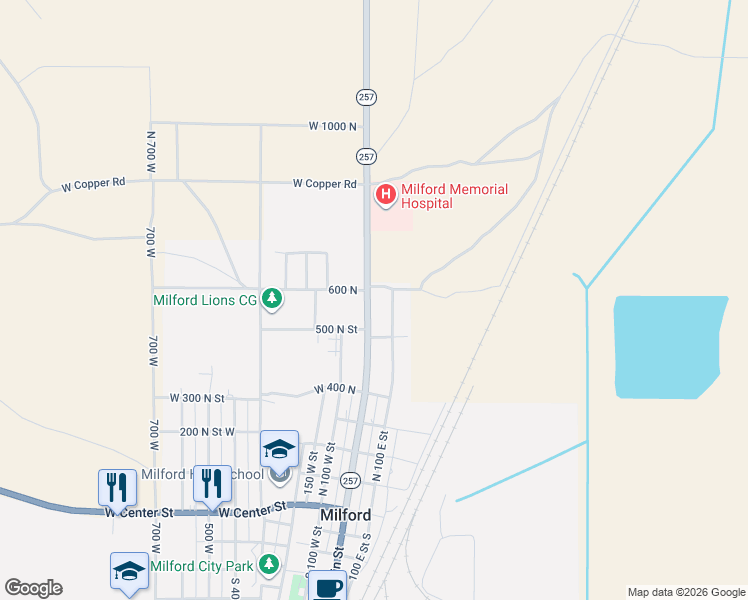 map of restaurants, bars, coffee shops, grocery stores, and more near 500 North in Milford