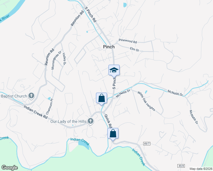 map of restaurants, bars, coffee shops, grocery stores, and more near 238 S Pinch Rd in Elkview