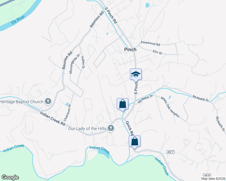 map of restaurants, bars, coffee shops, grocery stores, and more near 123 Leyland Lane in Elkview
