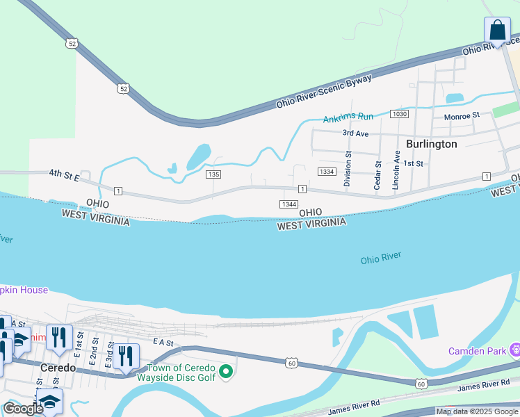 map of restaurants, bars, coffee shops, grocery stores, and more near 6458 County Road 1 in South Point