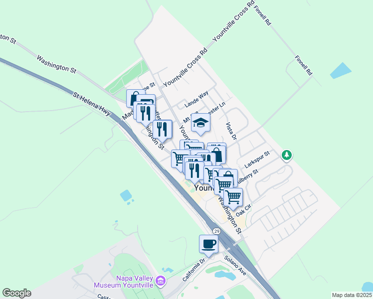 map of restaurants, bars, coffee shops, grocery stores, and more near 2007 Webber Avenue in Yountville