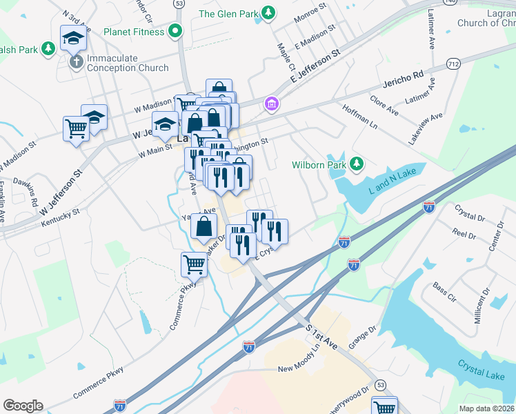 map of restaurants, bars, coffee shops, grocery stores, and more near 53 South Highway in La Grange