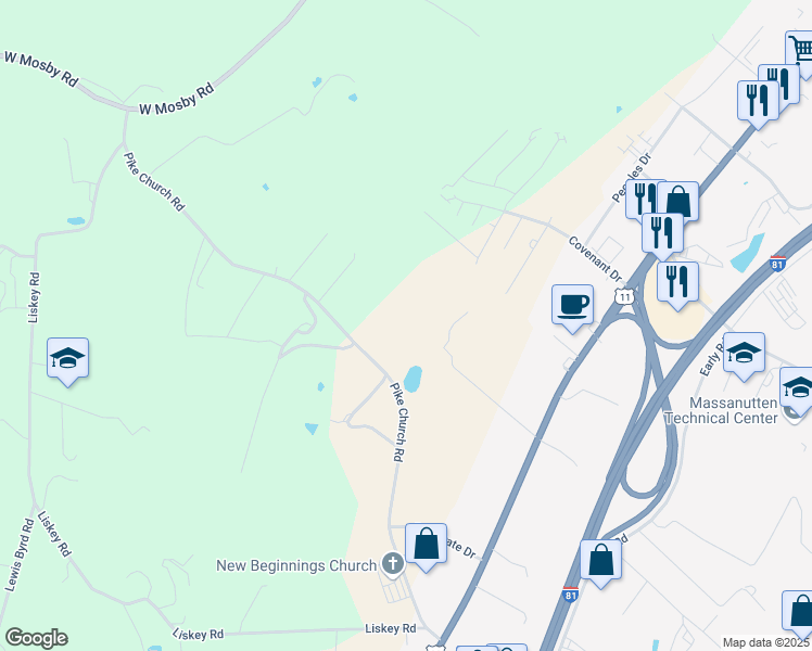 map of restaurants, bars, coffee shops, grocery stores, and more near 723 Pike Church Road in Harrisonburg