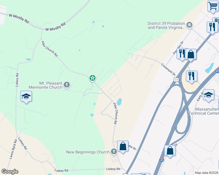map of restaurants, bars, coffee shops, grocery stores, and more near 723 Pike Church Road in Harrisonburg