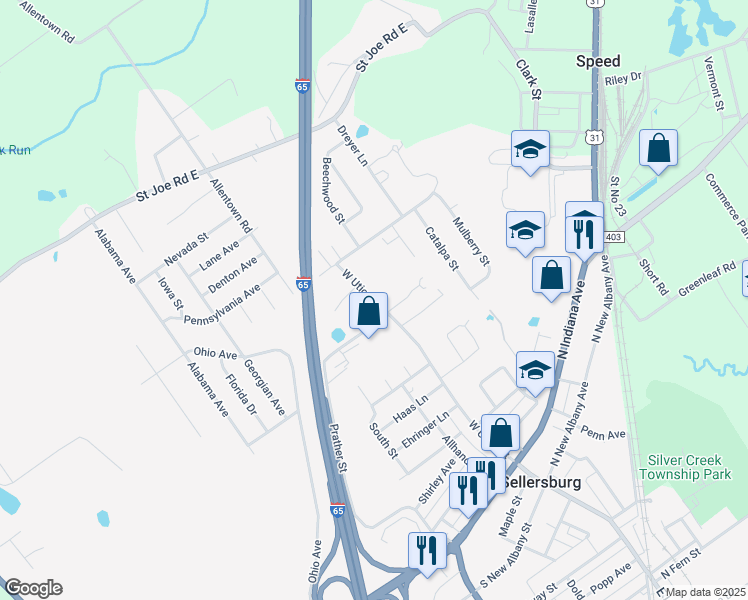 map of restaurants, bars, coffee shops, grocery stores, and more near 643 West Utica Street in Sellersburg