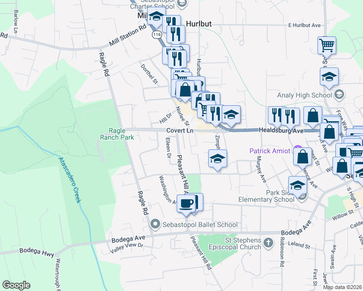 map of restaurants, bars, coffee shops, grocery stores, and more near 479 Sequoia Lane in Sebastopol
