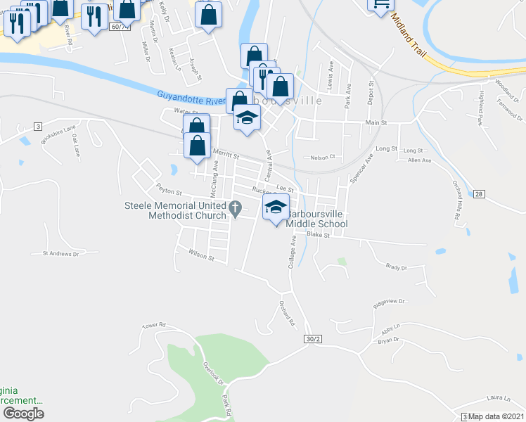 map of restaurants, bars, coffee shops, grocery stores, and more near 1317 Central Ave in Barboursville