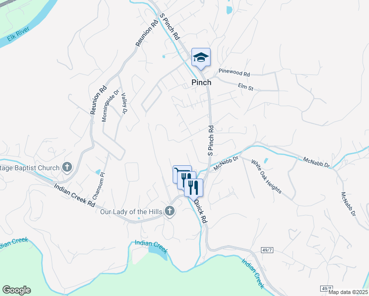 map of restaurants, bars, coffee shops, grocery stores, and more near 10 Mark Drive in Elkview