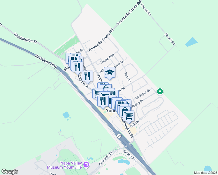 map of restaurants, bars, coffee shops, grocery stores, and more near 6554 Yount Street in Yountville
