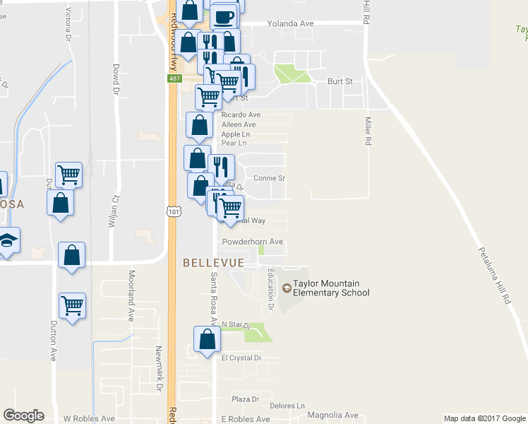 map of restaurants, bars, coffee shops, grocery stores, and more near 465 El Capitan Way in Santa Rosa