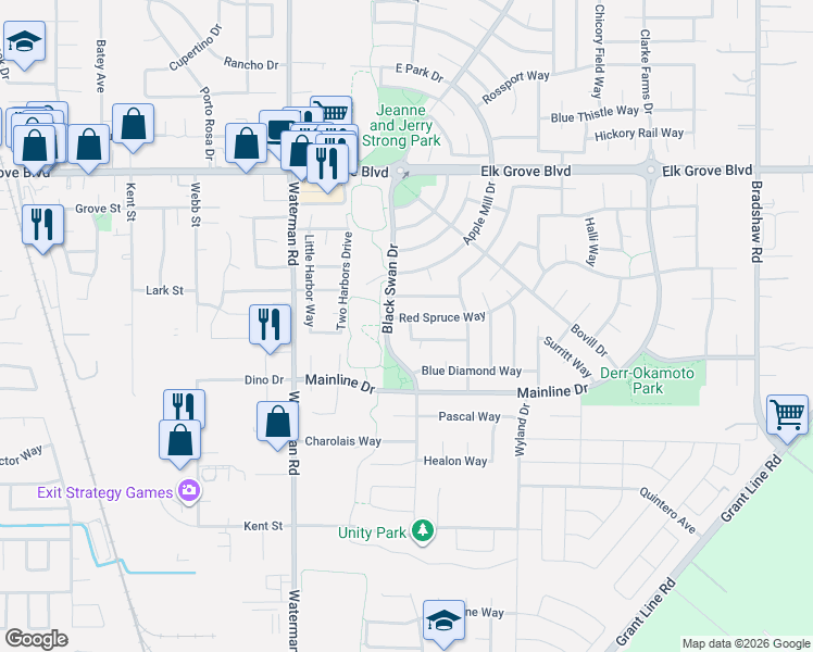 map of restaurants, bars, coffee shops, grocery stores, and more near 9392 Red Spruce Way in Elk Grove