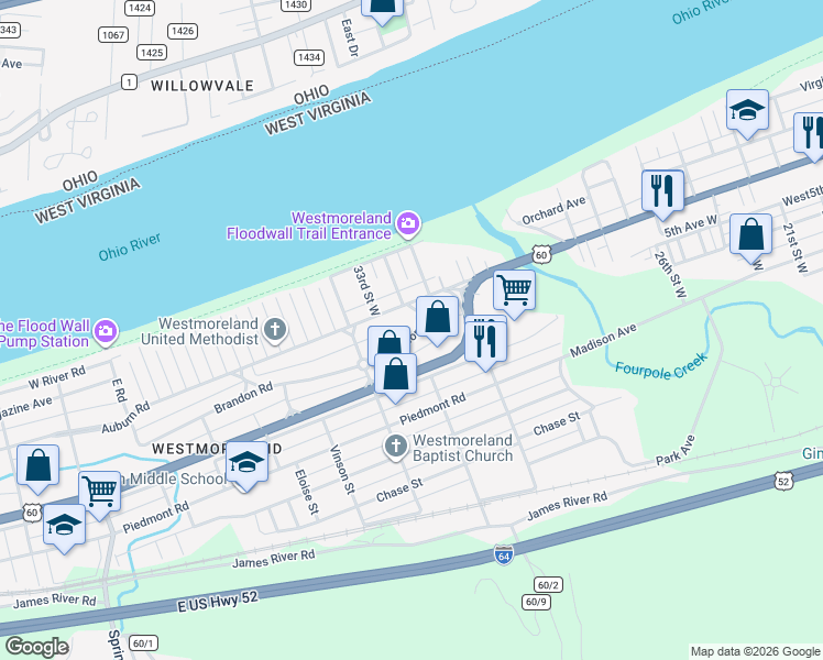map of restaurants, bars, coffee shops, grocery stores, and more near 3120 Brandon Rd in Huntington
