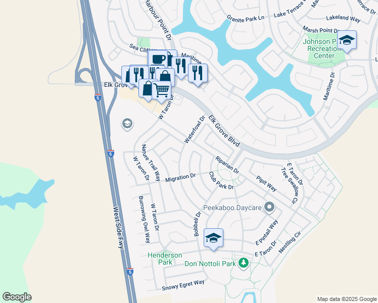 map of restaurants, bars, coffee shops, grocery stores, and more near 9748 Sage Thrasher Circle in Elk Grove