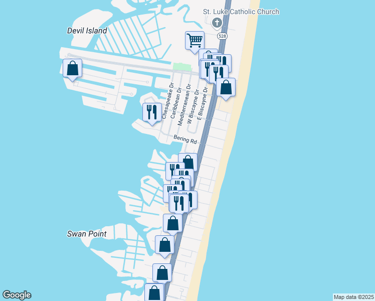 map of restaurants, bars, coffee shops, grocery stores, and more near 8602 Seabay Drive in Ocean City