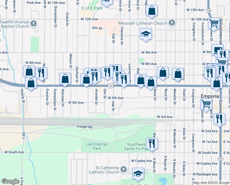 map of restaurants, bars, coffee shops, grocery stores, and more near 526 Oak Street in Emporia