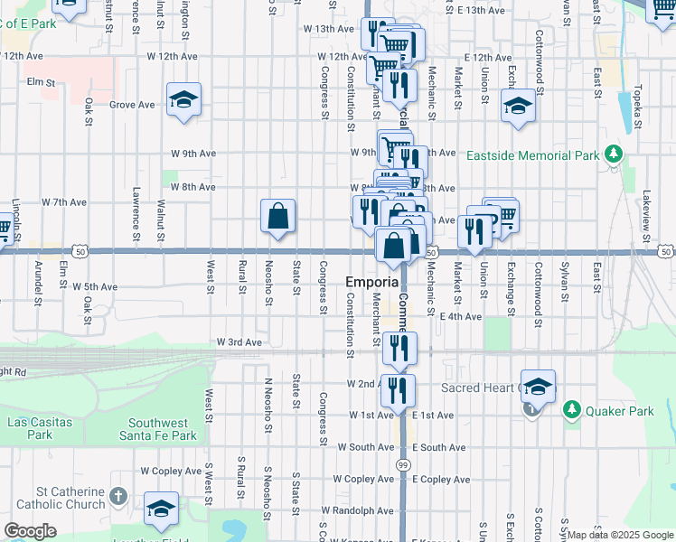 map of restaurants, bars, coffee shops, grocery stores, and more near 215 West 6th Avenue in Emporia