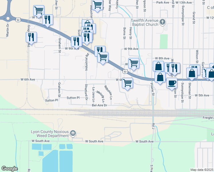 map of restaurants, bars, coffee shops, grocery stores, and more near 2637 Regency Drive in Emporia