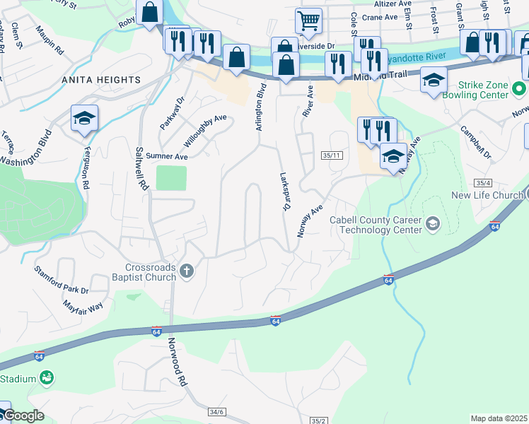 map of restaurants, bars, coffee shops, grocery stores, and more near 1764 Woodward Terrace in Huntington