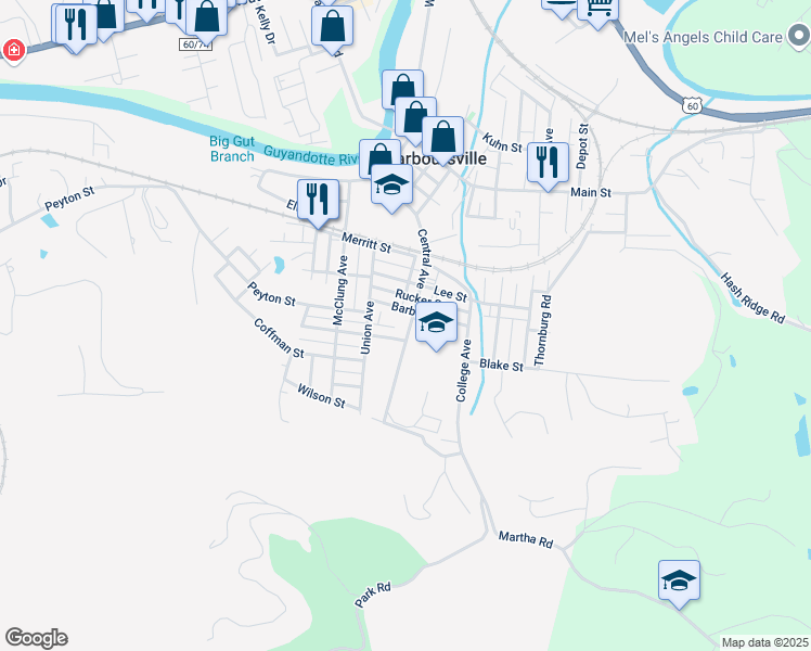 map of restaurants, bars, coffee shops, grocery stores, and more near 1316 Central Avenue in Barboursville
