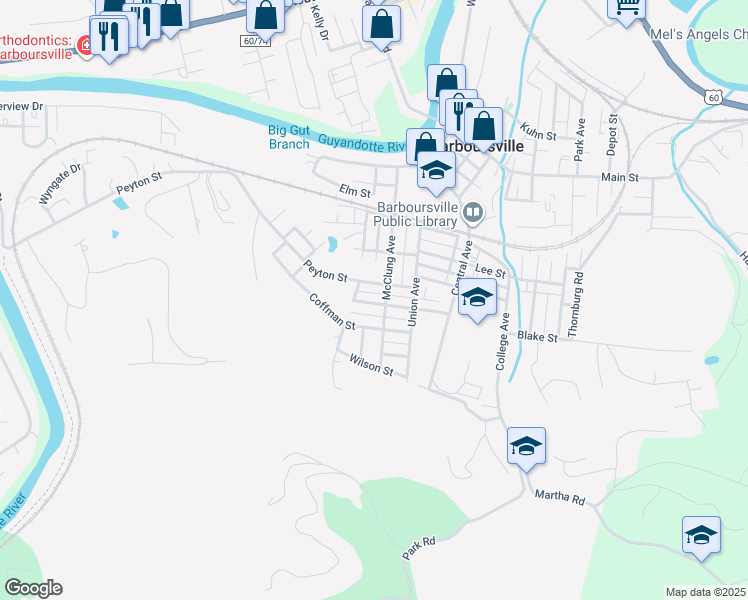 map of restaurants, bars, coffee shops, grocery stores, and more near 528 Shaw St in Barboursville