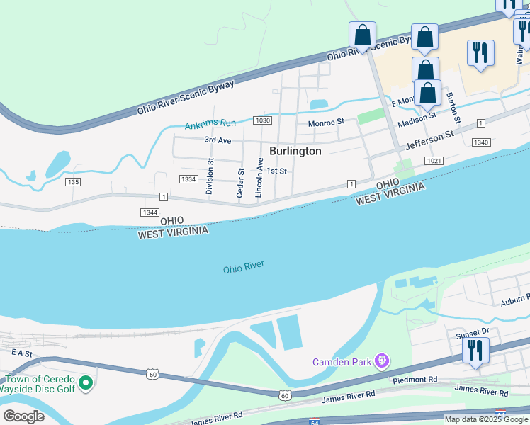 map of restaurants, bars, coffee shops, grocery stores, and more near 6894 County Road 1 in South Point