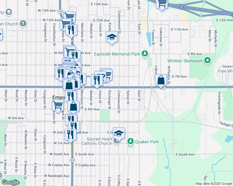 map of restaurants, bars, coffee shops, grocery stores, and more near 513 Cottonwood Street in Emporia