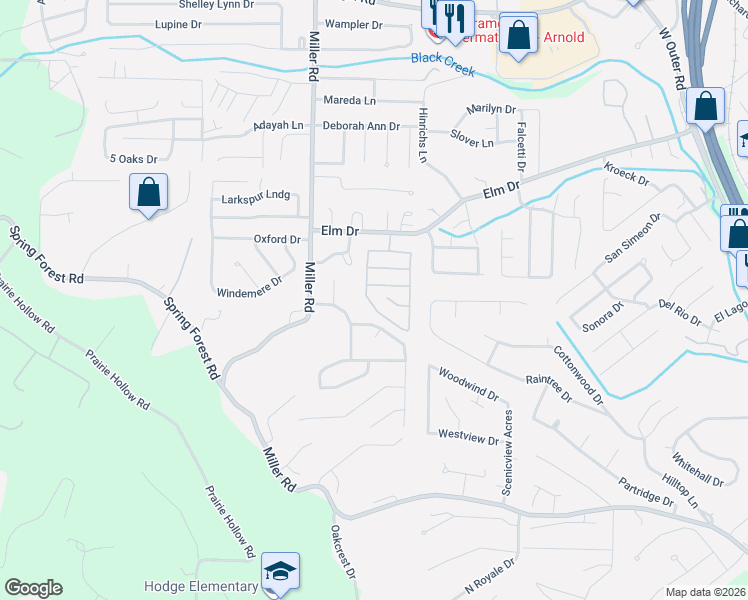 map of restaurants, bars, coffee shops, grocery stores, and more near 3951 Ryan Road in Arnold
