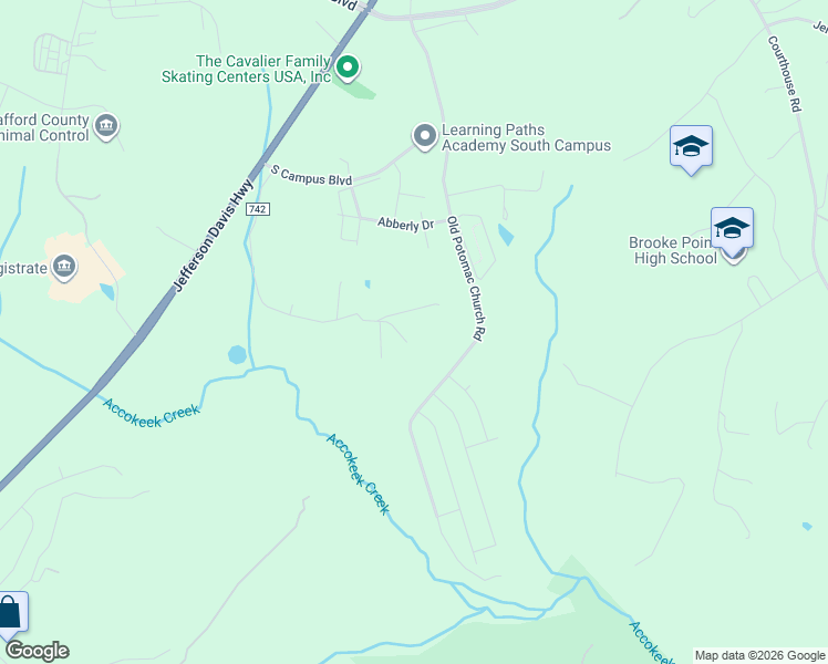 map of restaurants, bars, coffee shops, grocery stores, and more near 172 Jumping Branch Road in Stafford