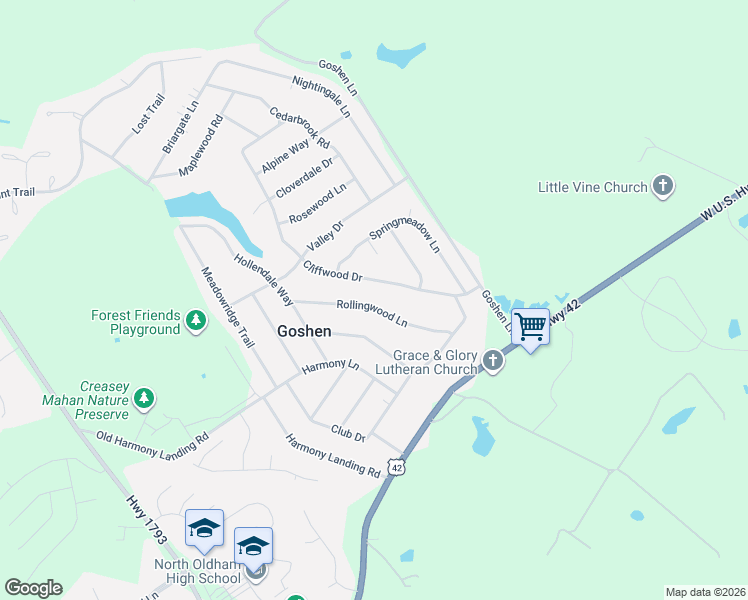 map of restaurants, bars, coffee shops, grocery stores, and more near 1106 Cliffwood Drive in Goshen